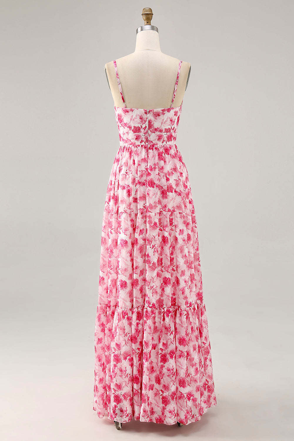 Blue Floral Ruched Chiffon Maxi Wedding Guest Dress with Keyhole