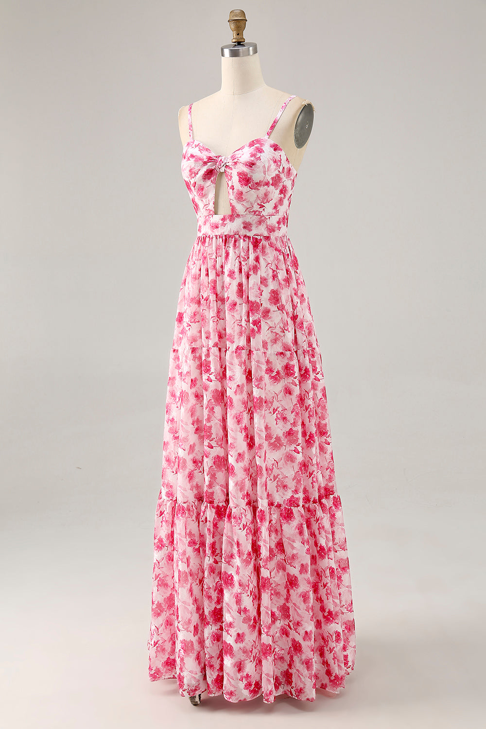 Blue Floral Ruched Chiffon Maxi Wedding Guest Dress with Keyhole
