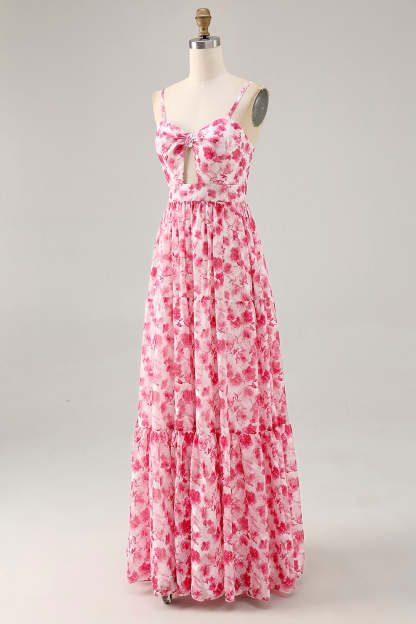 Blue Floral Ruched Chiffon Maxi Wedding Guest Dress with Keyhole