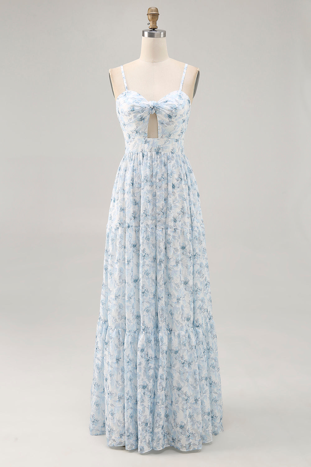 Leely Women Blue Floral Maxi Wedding Guest Dress Keyhole A Line Ruched Chiffon Spaghetti Straps Bridesmaid Dress