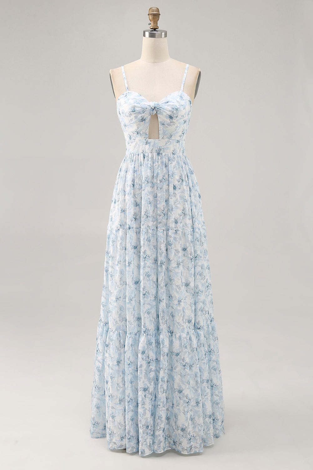Leely Women Blue Floral Maxi Wedding Guest Dress Keyhole A Line Ruched Chiffon Spaghetti Straps Bridesmaid Dress