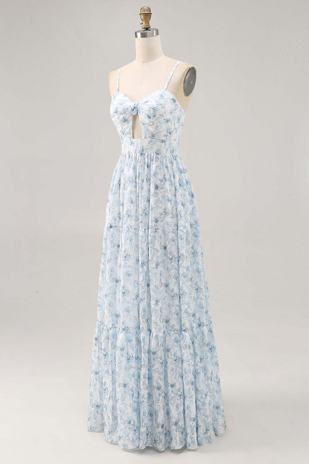 Blue Floral Ruched Chiffon Maxi Wedding Guest Dress with Keyhole
