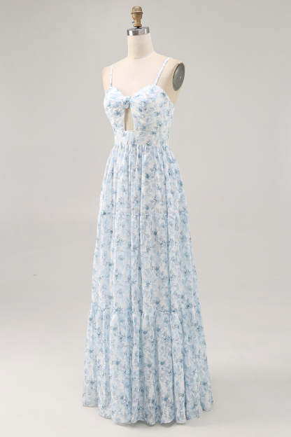 Blue Floral Ruched Chiffon Maxi Wedding Guest Dress with Keyhole