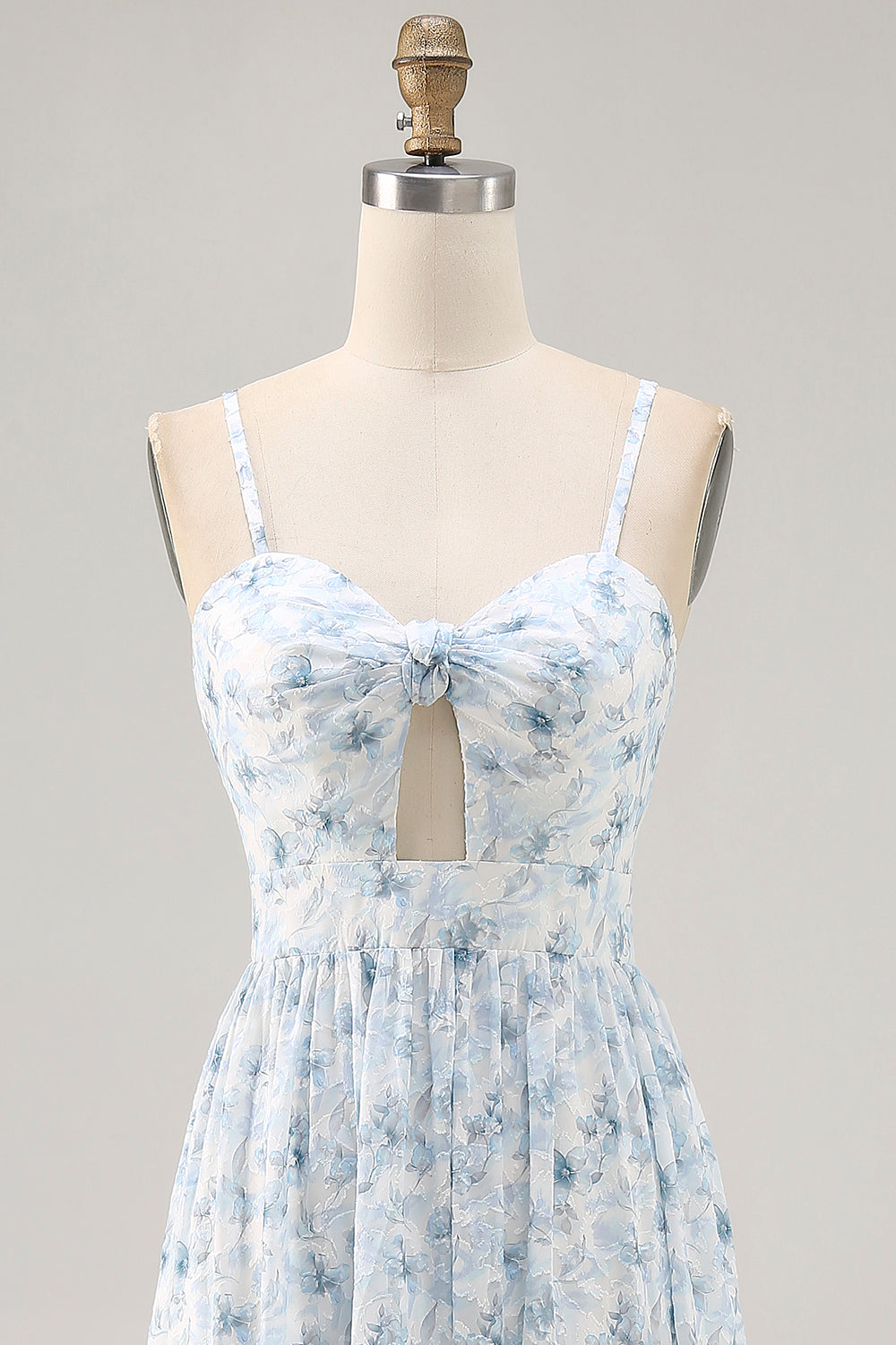 Blue Floral Ruched Chiffon Maxi Wedding Guest Dress with Keyhole