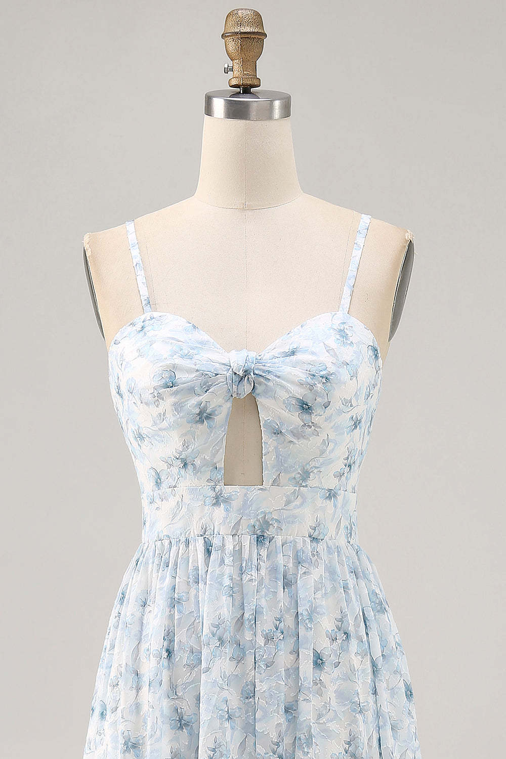 Blue Floral Ruched Chiffon Maxi Wedding Guest Dress with Keyhole