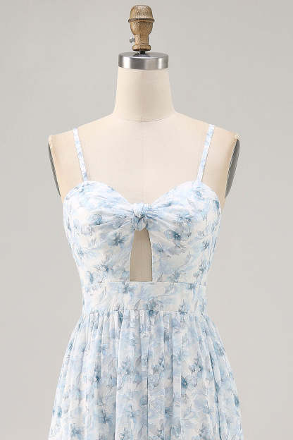 Blue Floral Ruched Chiffon Maxi Wedding Guest Dress with Keyhole
