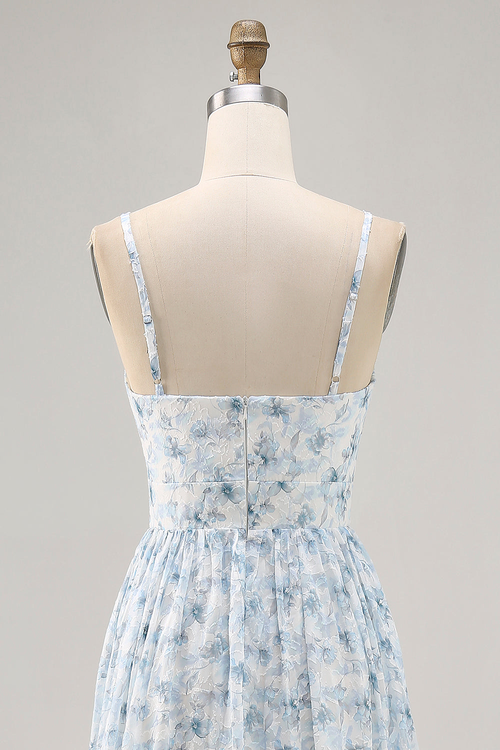 Blue Floral Ruched Chiffon Maxi Wedding Guest Dress with Keyhole