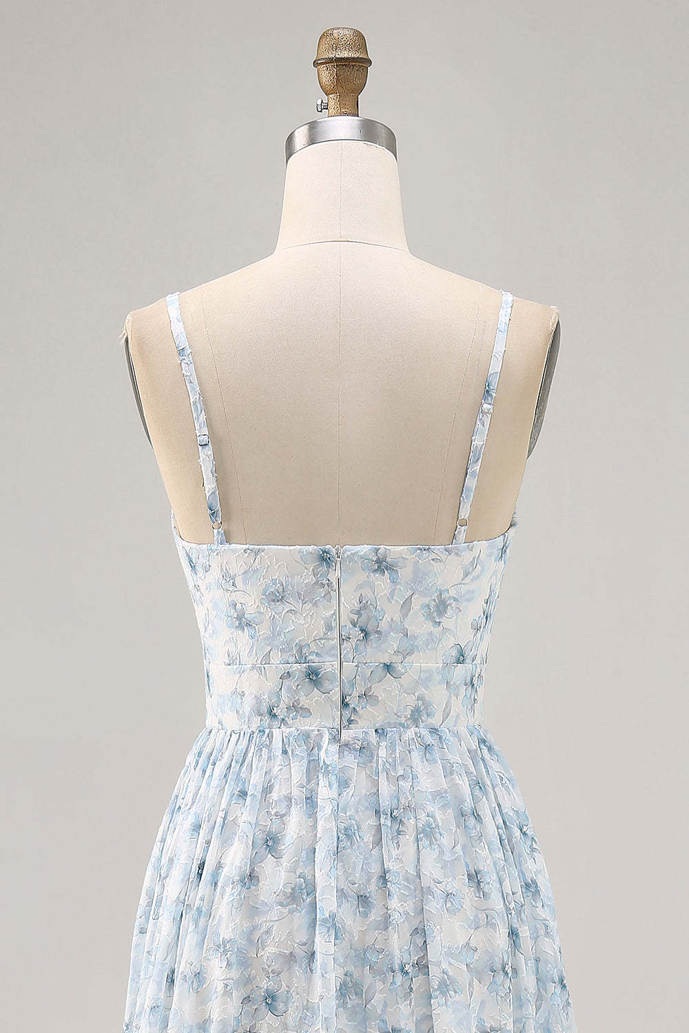 Blue Floral Ruched Chiffon Maxi Wedding Guest Dress with Keyhole