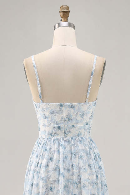 Blue Floral Ruched Chiffon Maxi Wedding Guest Dress with Keyhole
