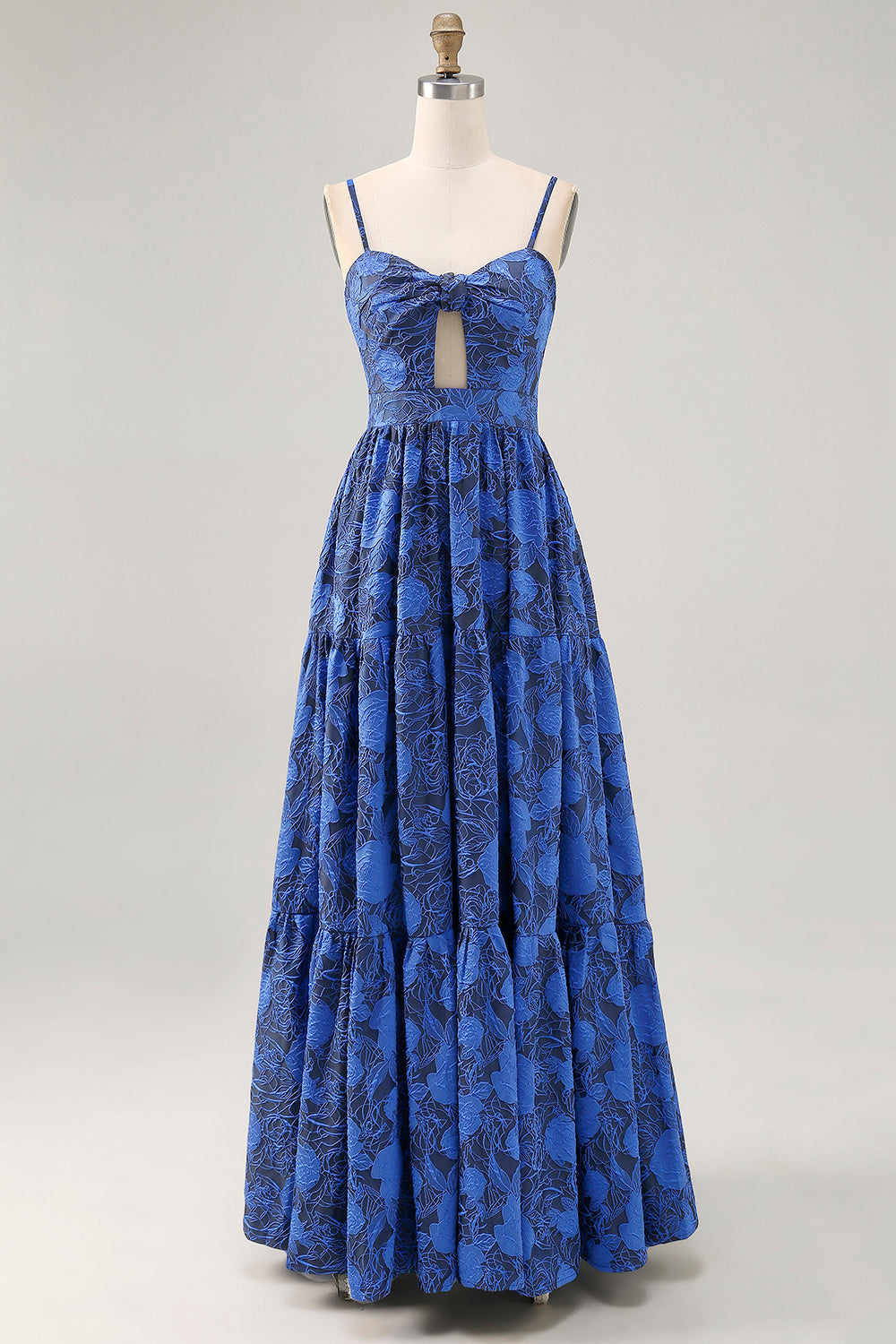 Leely Women Blue Floral Maxi Wedding Guest Dress Keyhole Ruched Jacquard Spaghetti Straps A Line Bridesmaid Dress