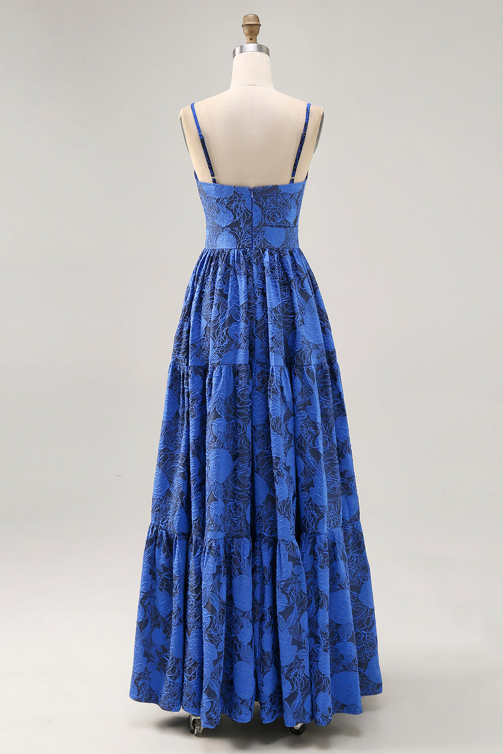 Blue Floral A Line Jacquard Keyhole Maxi Wedding Guest Dress