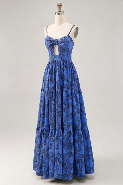 Blue Floral A Line Jacquard Keyhole Maxi Wedding Guest Dress