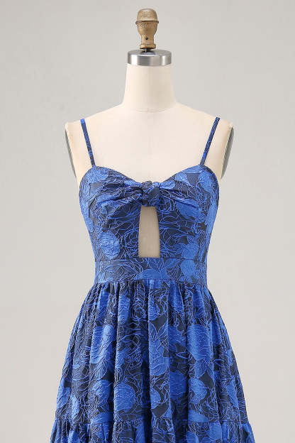 Blue Floral A Line Jacquard Keyhole Maxi Wedding Guest Dress