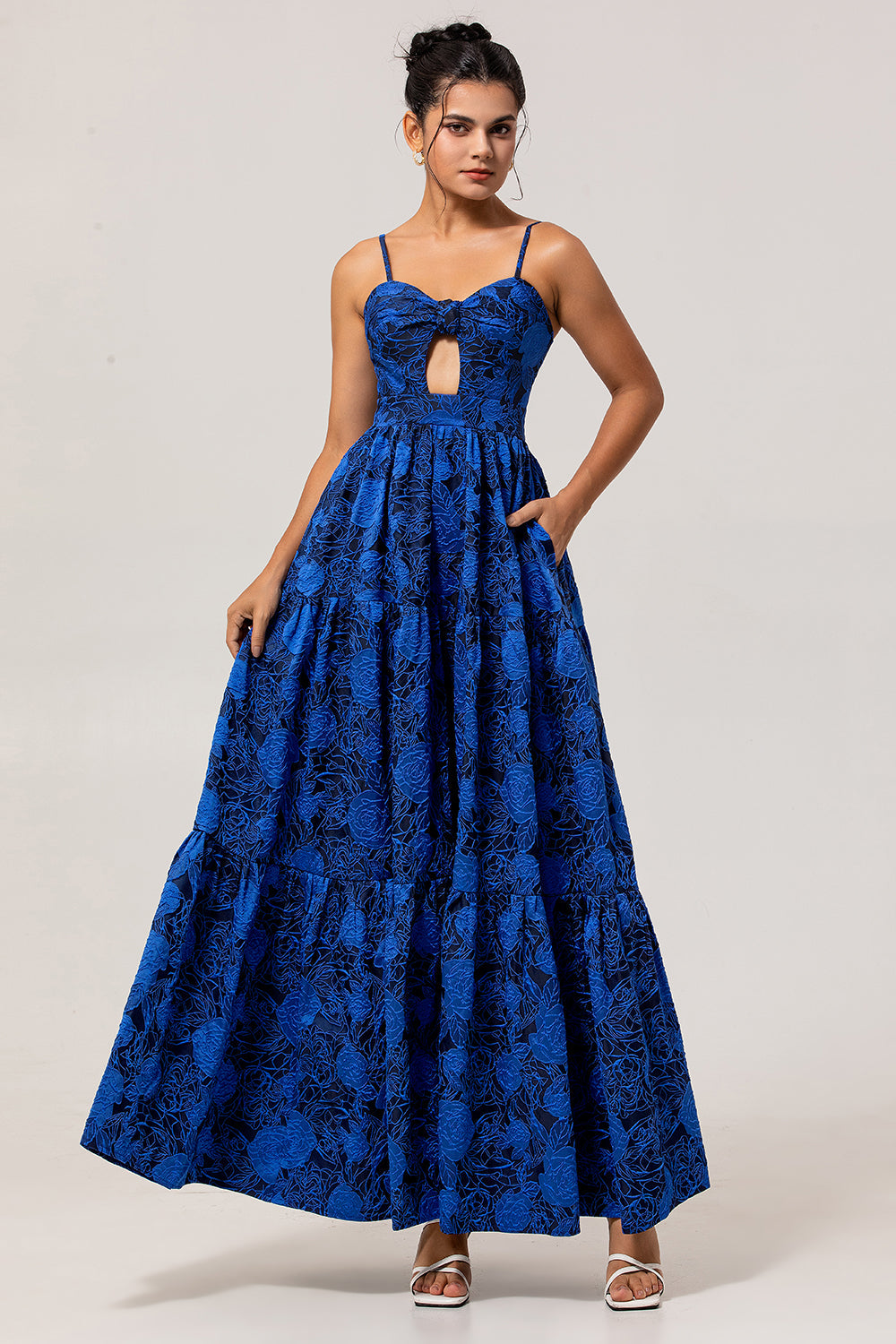 Leely Women Blue Floral Jacquard Long Wedding Guest Dress A Line Ruched Spaghetti Straps Prom Dress with Keyhole
