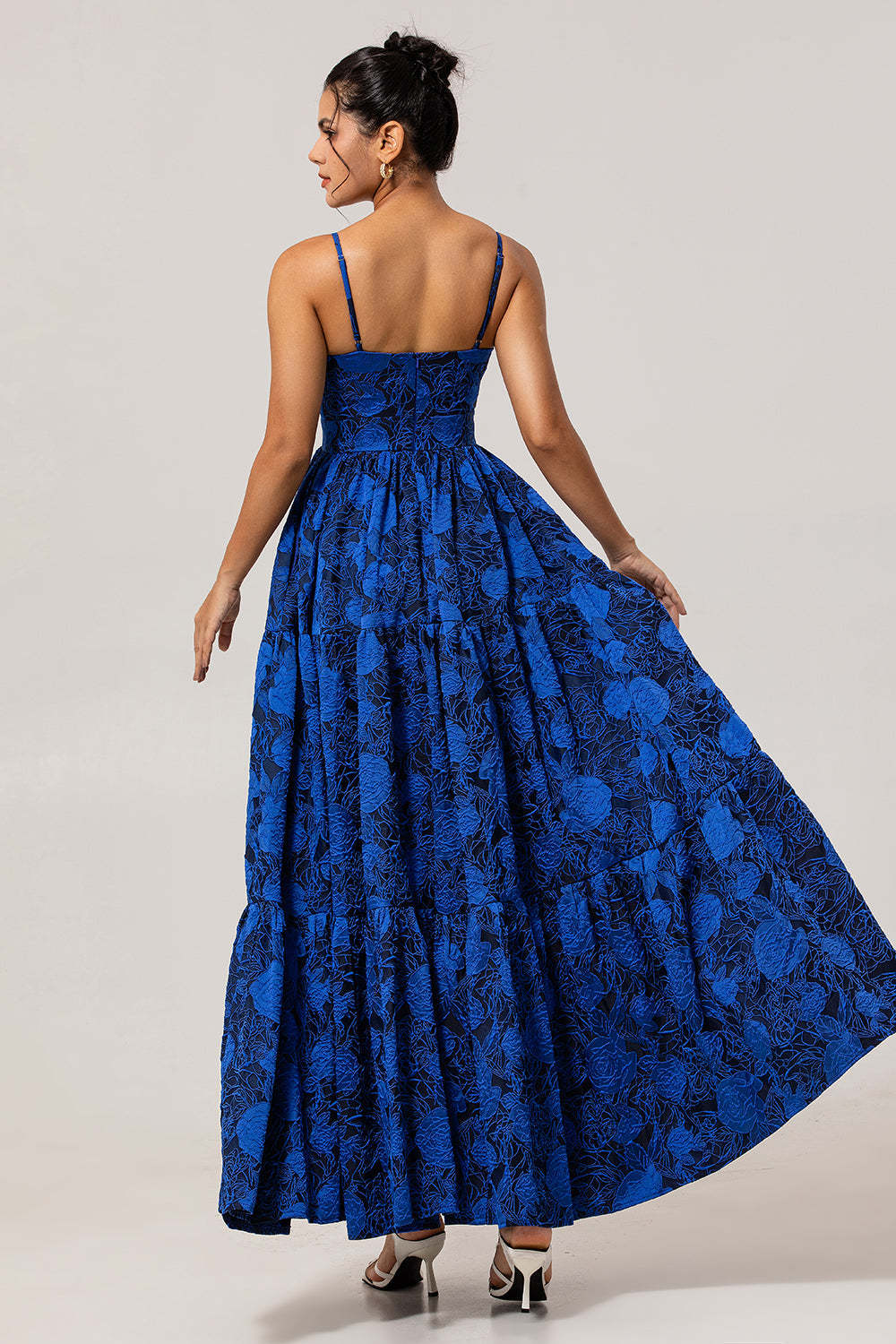 Blue Floral Jacquard Long Wedding Guest Dress with Keyhole