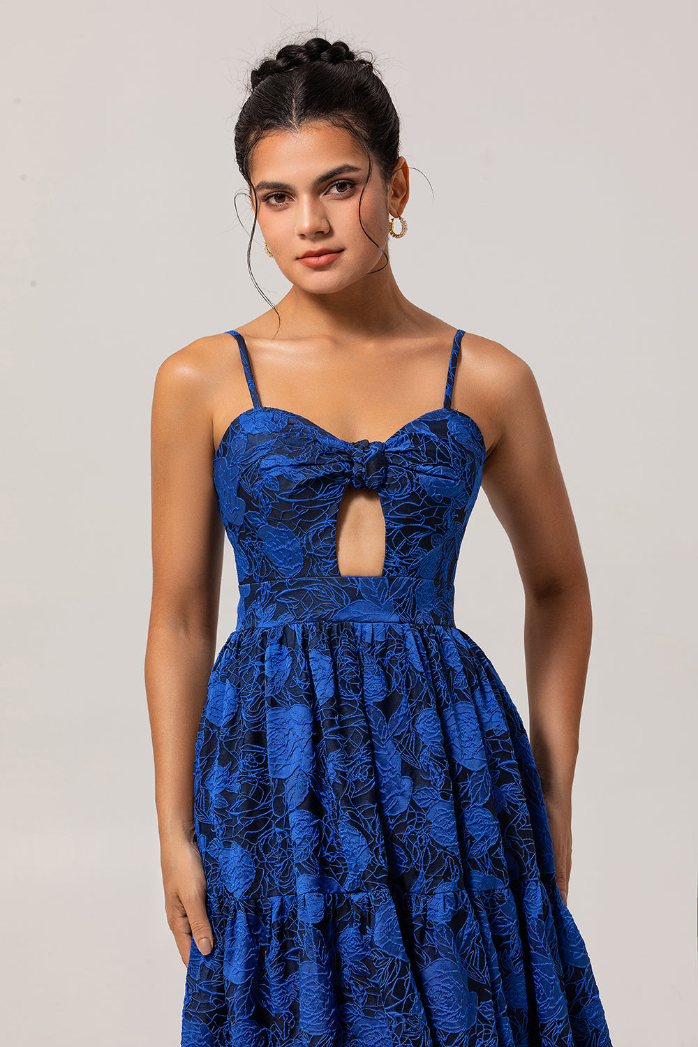 Blue Floral Jacquard Long Wedding Guest Dress with Keyhole