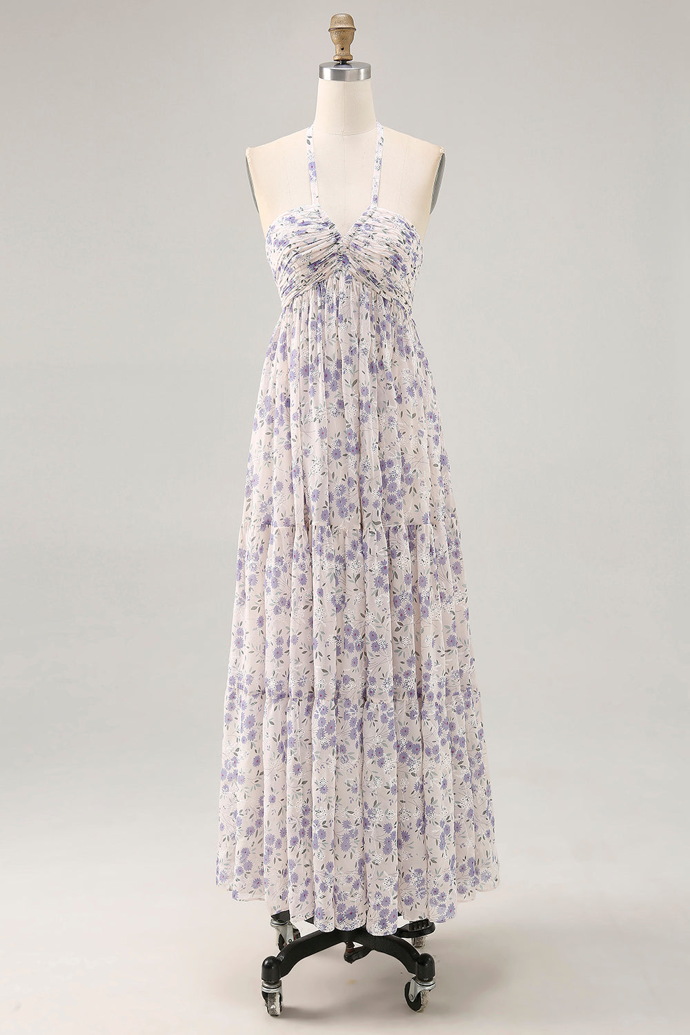 Blue Floral Chiffon Halter Ruched Maxi A Line Wedding Guest Dress