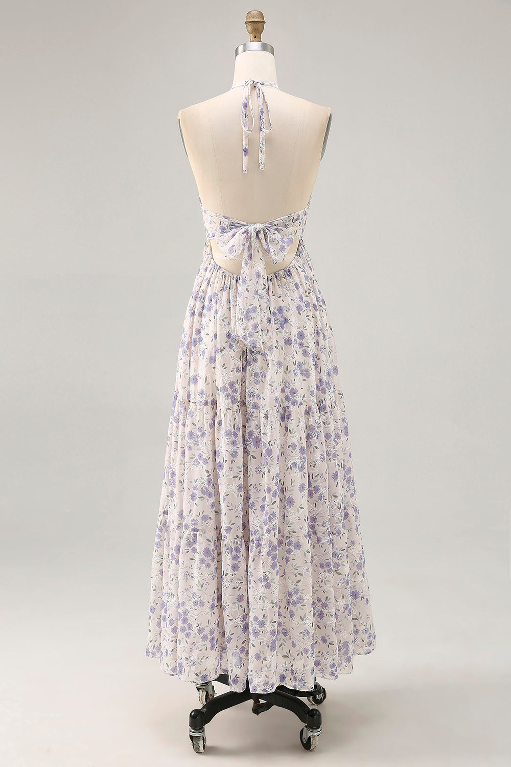 Blue Floral Chiffon Halter Ruched Maxi A Line Wedding Guest Dress