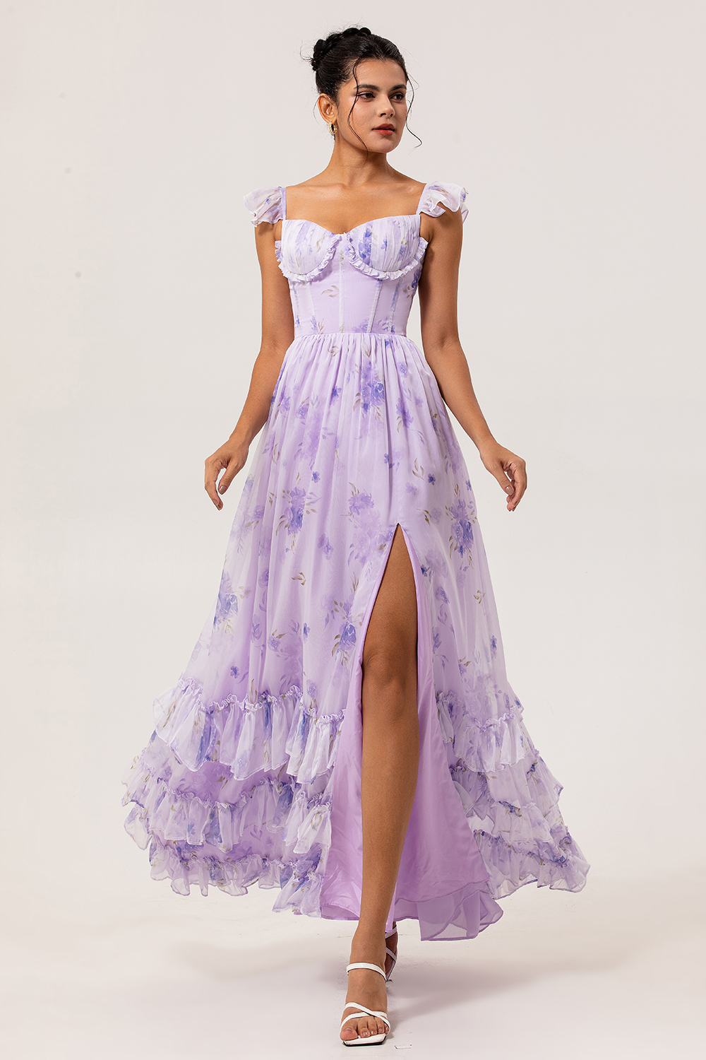 A Line Lavender Floral Corset Ruffled Maxi Bridesmaid Dress with Slit