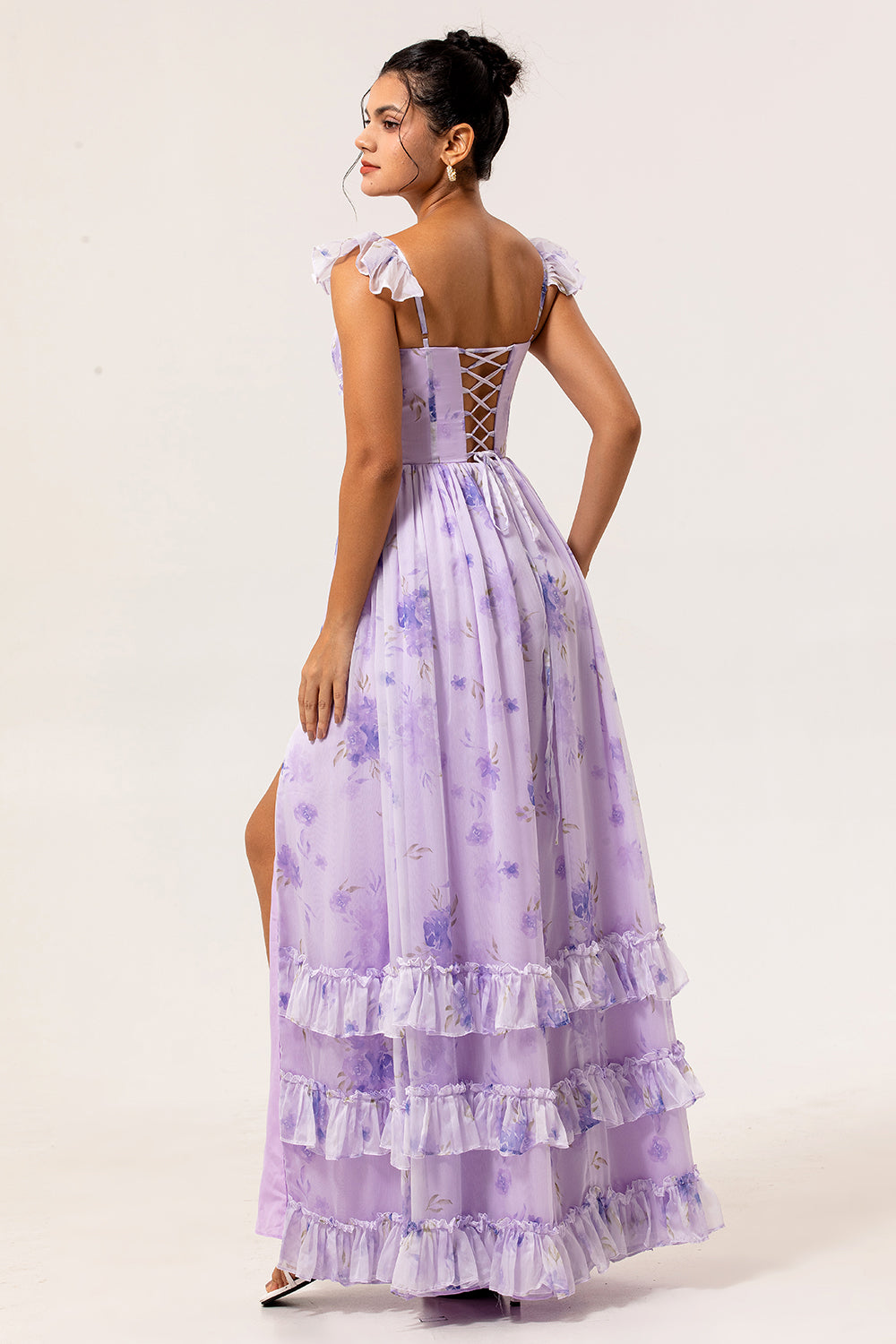Lavender Corset Floral Maxi Ruffled Bridesmaid Dress with Slit