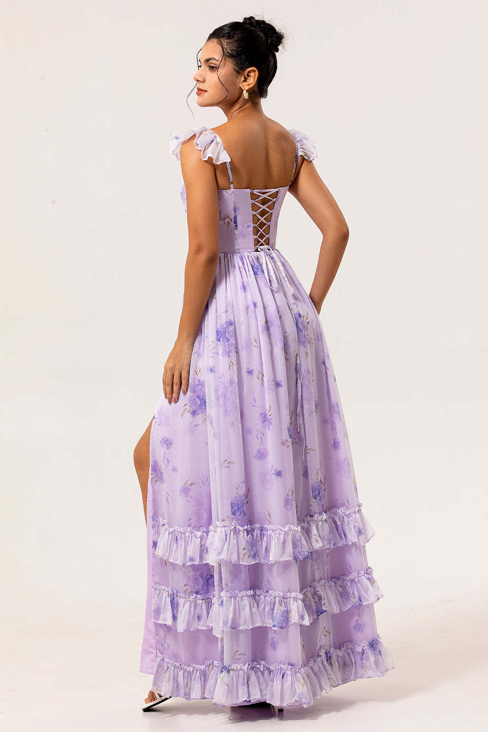Lavender Corset Floral Maxi Ruffled Bridesmaid Dress with Slit