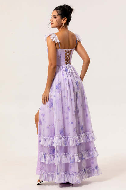 Lavender Corset Floral Maxi Ruffled Bridesmaid Dress with Slit