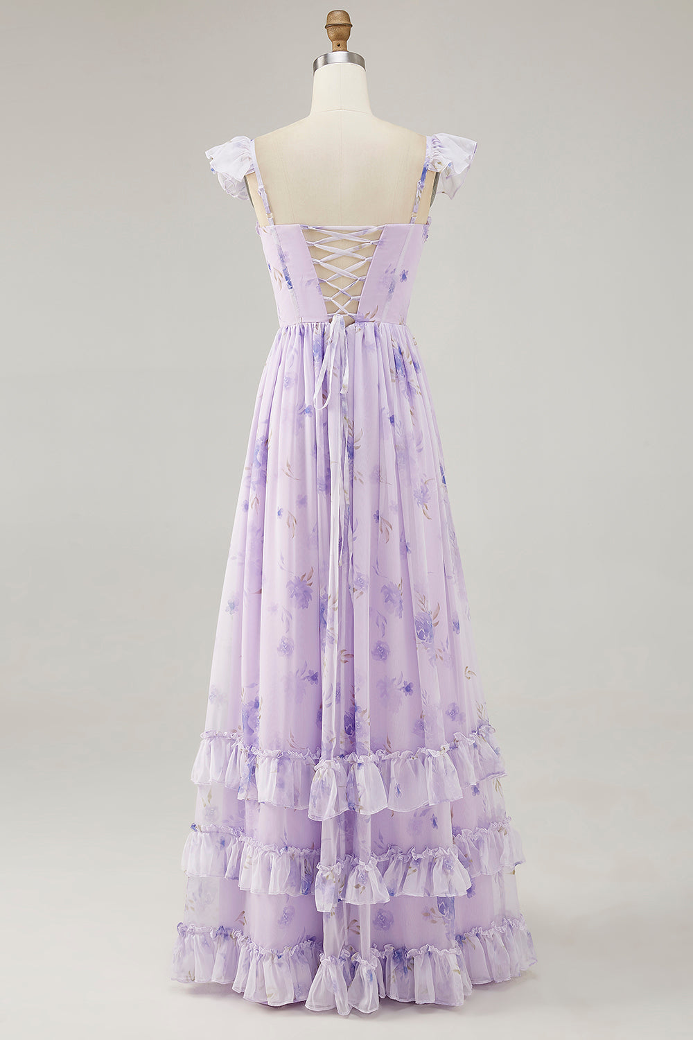 A Line Lavender Floral Corset Ruffled Maxi Bridesmaid Dress with Slit