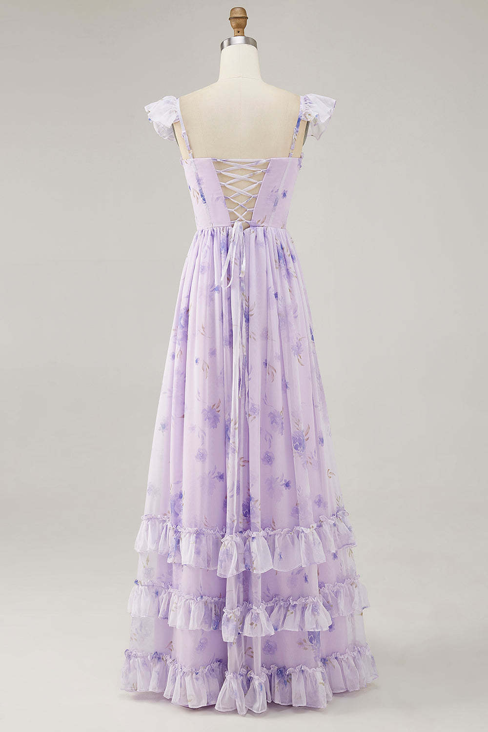 Lavender Corset Floral Maxi Ruffled Bridesmaid Dress with Slit