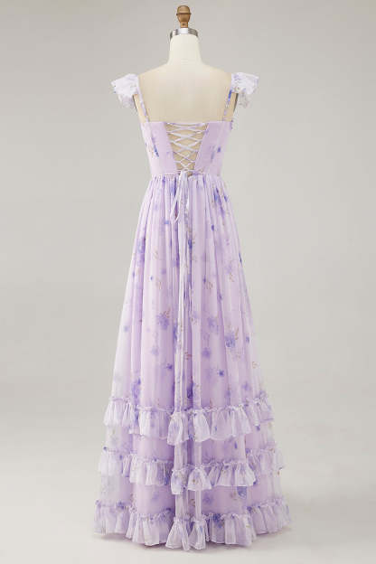 Lavender Corset Floral Maxi Ruffled Bridesmaid Dress with Slit
