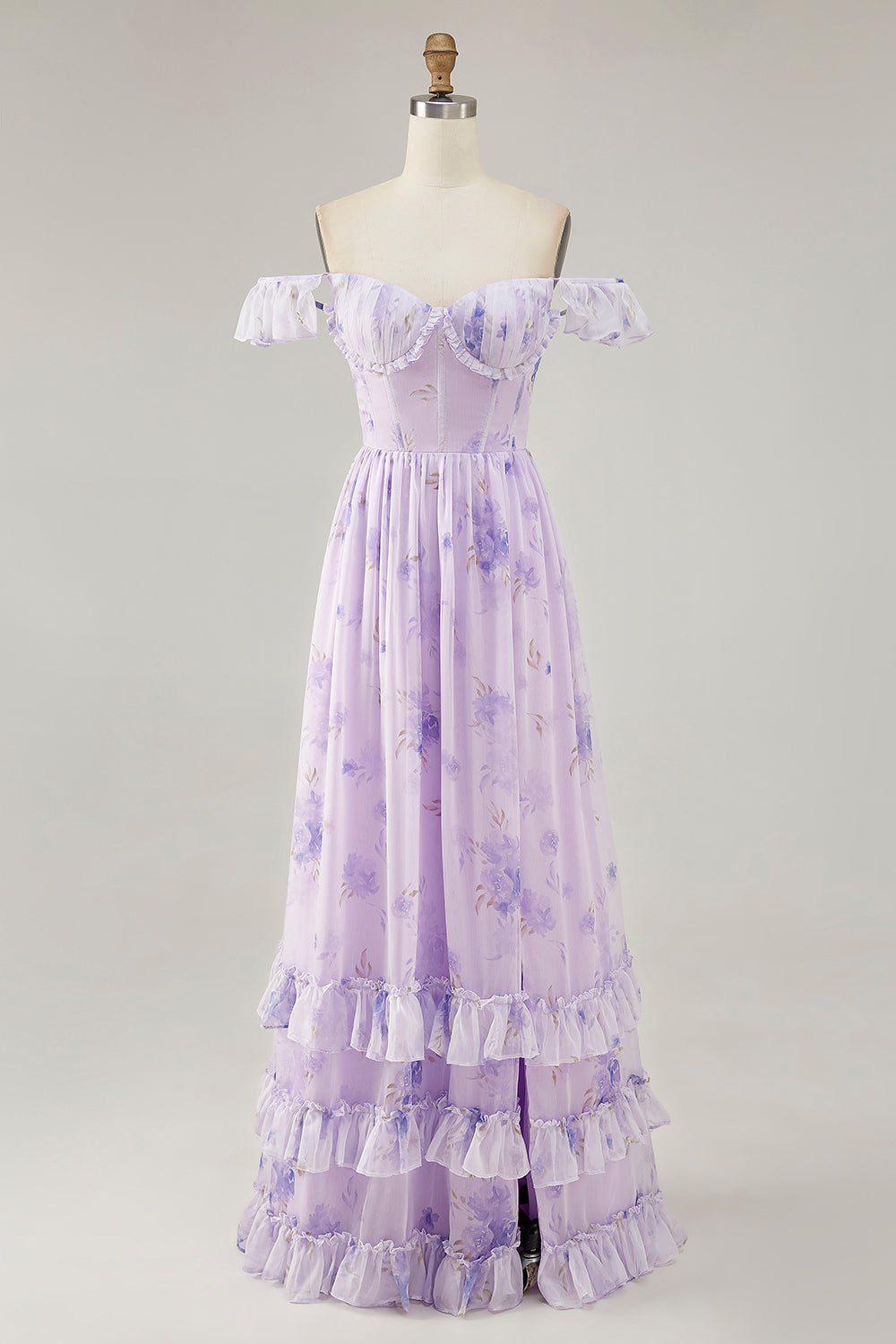 A Line Lavender Floral Corset Ruffled Maxi Bridesmaid Dress with Slit