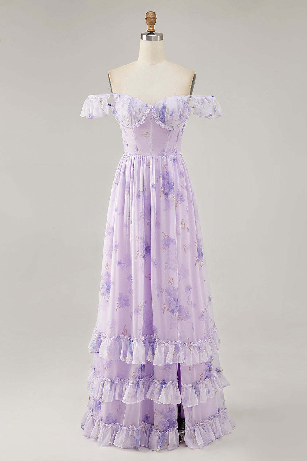 A Line Lavender Floral Corset Ruffled Maxi Bridesmaid Dress with Slit