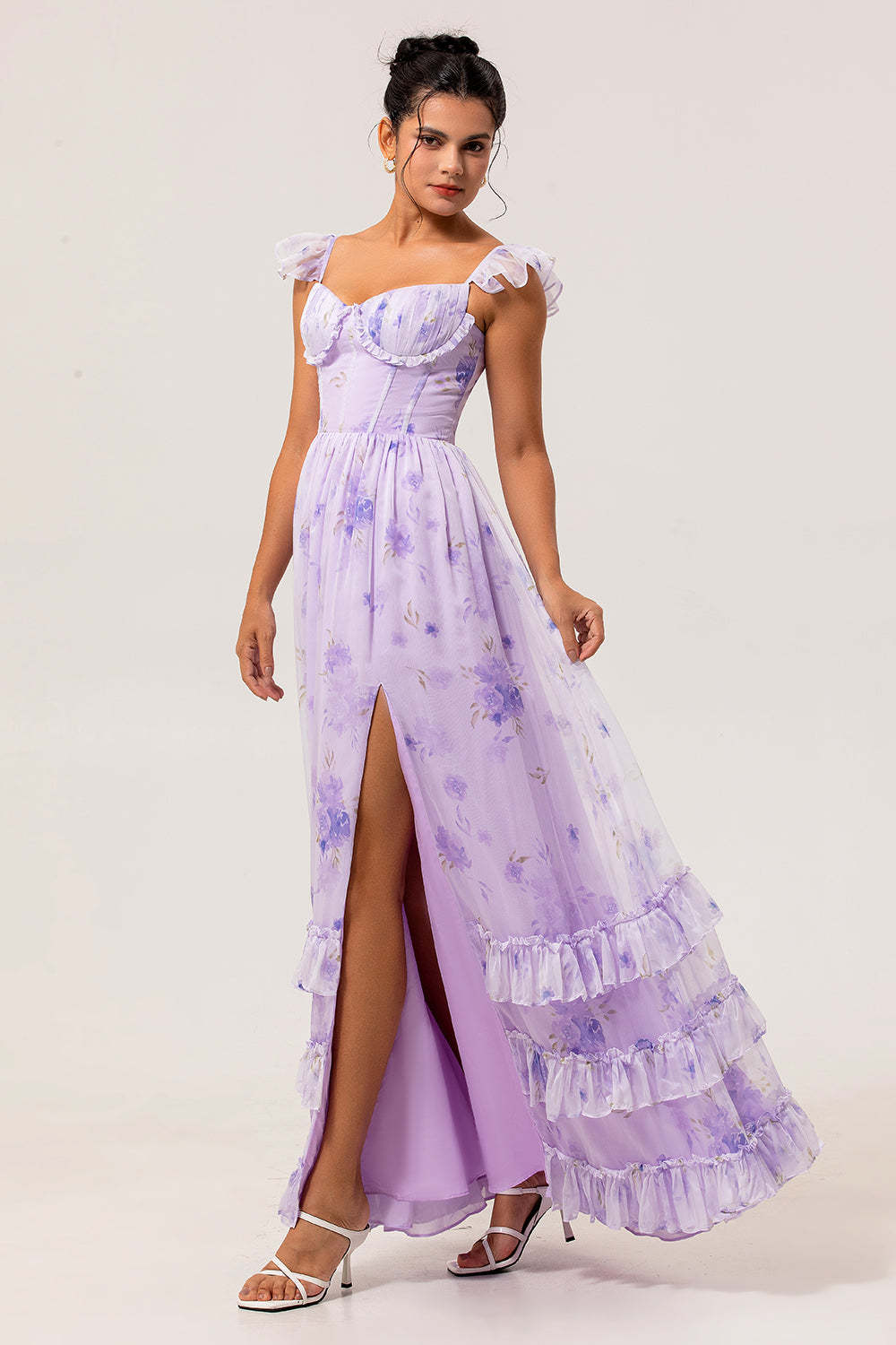 Lavender Corset Floral Maxi Ruffled Bridesmaid Dress with Slit