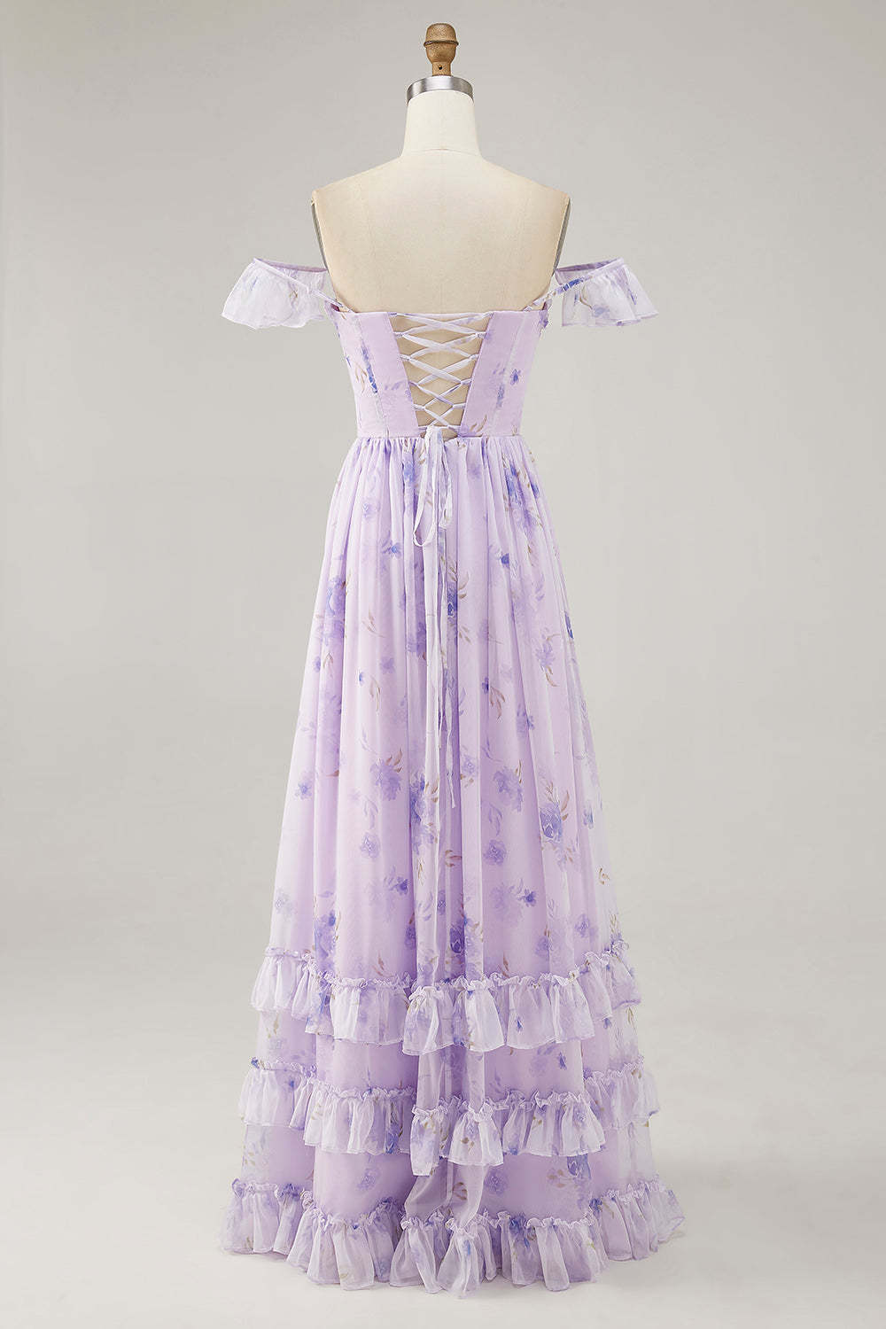 A Line Lavender Floral Corset Ruffled Maxi Bridesmaid Dress with Slit