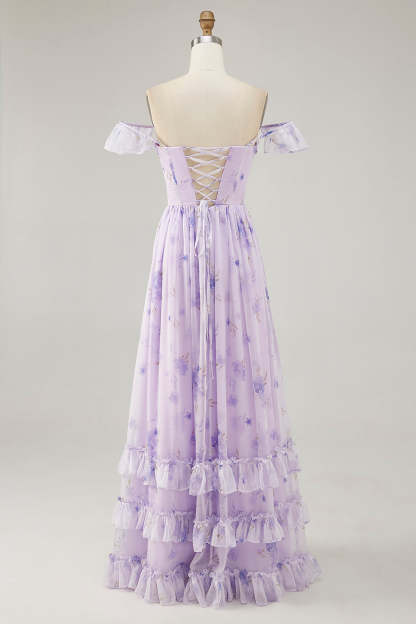 A Line Lavender Floral Corset Ruffled Maxi Bridesmaid Dress with Slit