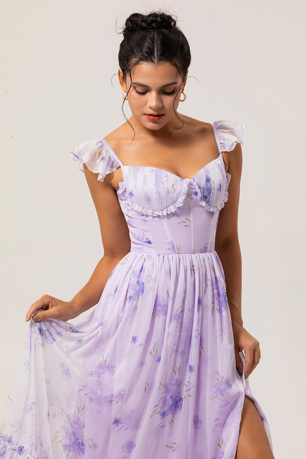 Lavender Corset Floral Maxi Ruffled Bridesmaid Dress with Slit