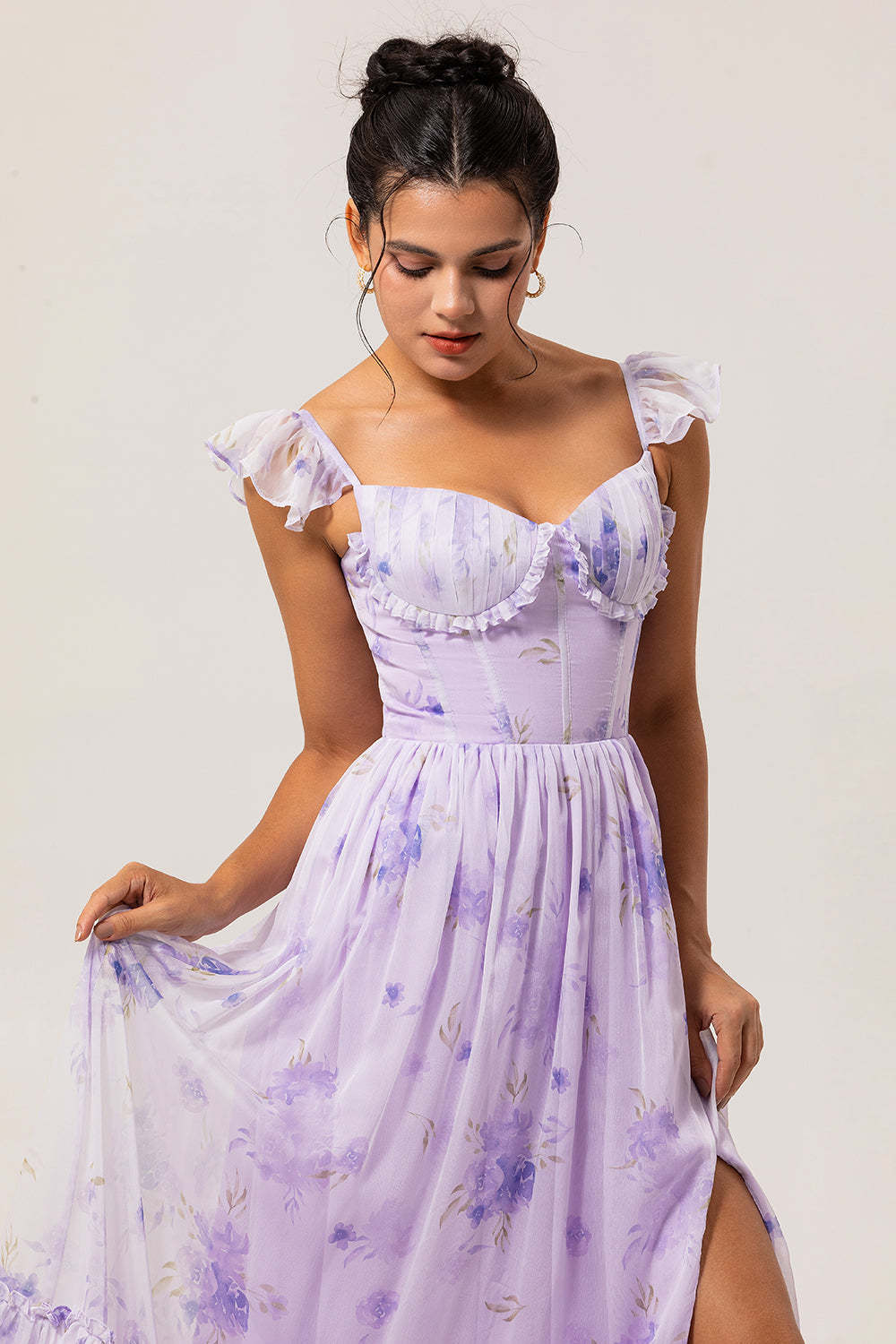Lavender Corset Floral Maxi Ruffled Bridesmaid Dress with Slit