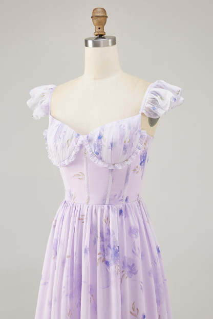A Line Lavender Floral Corset Ruffled Maxi Bridesmaid Dress with Slit