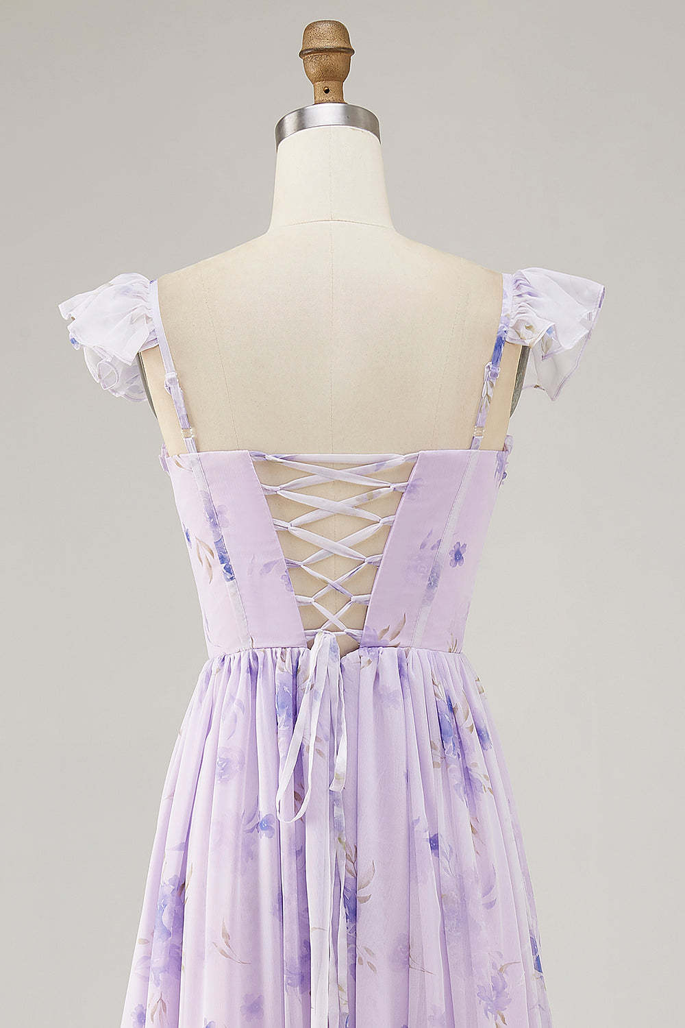 A Line Lavender Floral Corset Ruffled Maxi Bridesmaid Dress with Slit