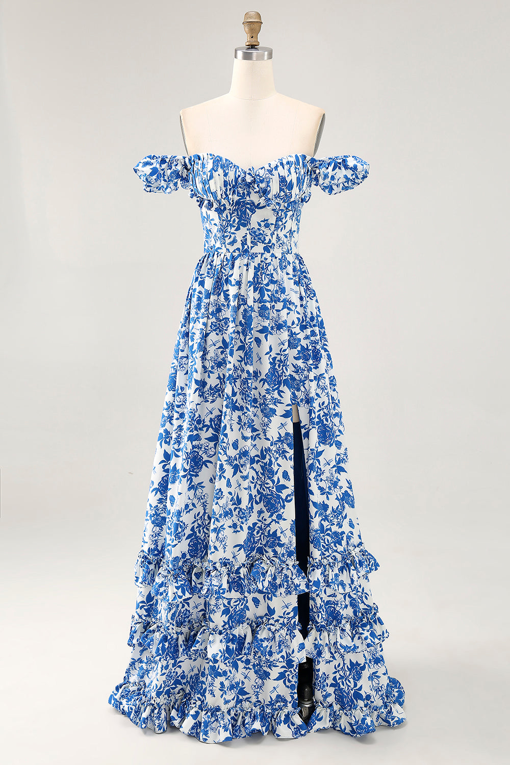 Leely Women Blue Floral Corset Maxi Wedding Guest Dress with Slit Chiffon A Line Ruffled Off the Shoulder Lace Up Back Bridesmaid Dress