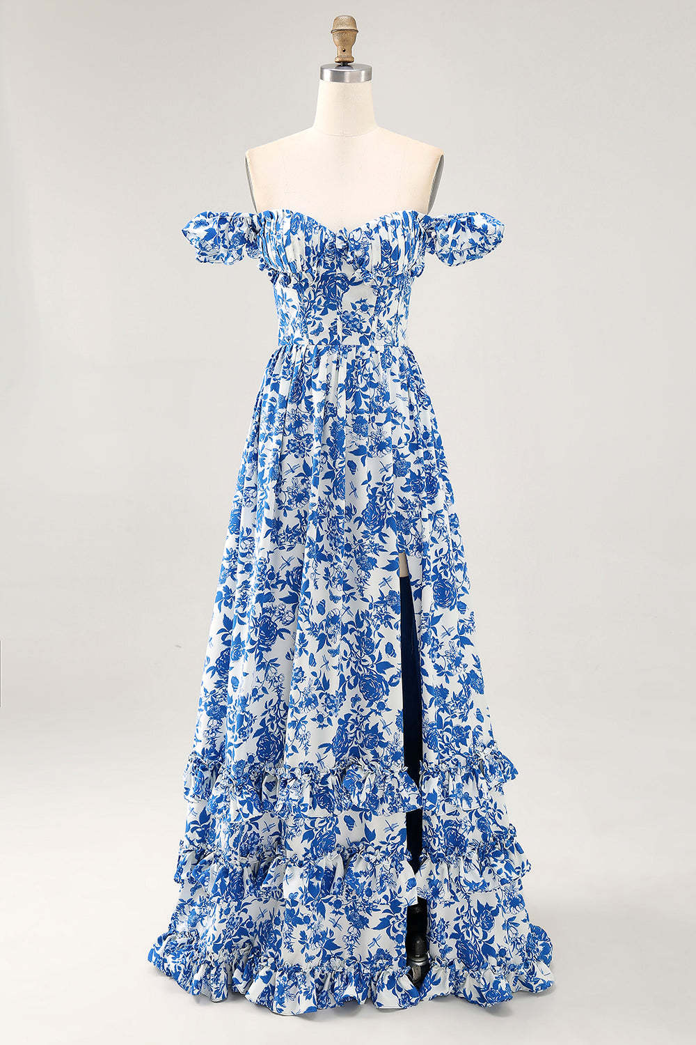 Leely Women Blue Floral Corset Maxi Wedding Guest Dress with Slit Chiffon A Line Ruffled Off the Shoulder Lace Up Back Bridesmaid Dress