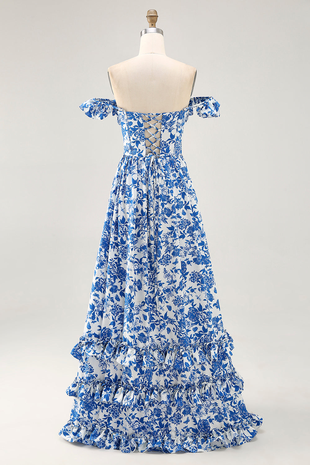 Blue Floral Corset Chiffon A Line Ruffled Maxi Wedding Guest Dress with Slit