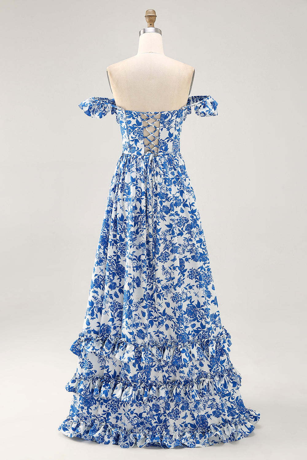 Blue Floral Corset Chiffon A Line Ruffled Maxi Wedding Guest Dress with Slit