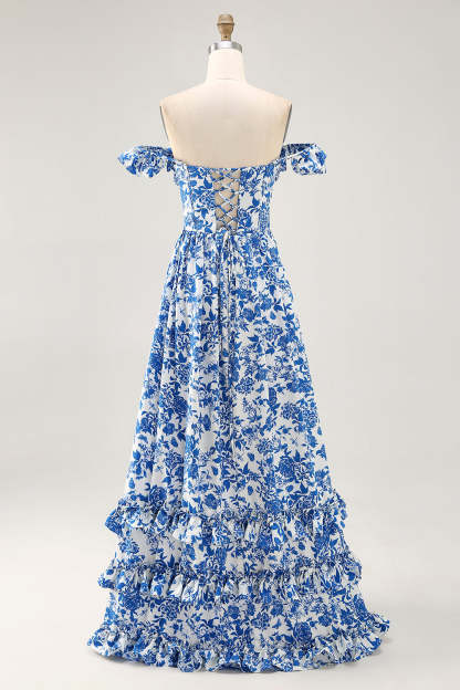 Blue Floral Corset Chiffon A Line Ruffled Maxi Wedding Guest Dress with Slit