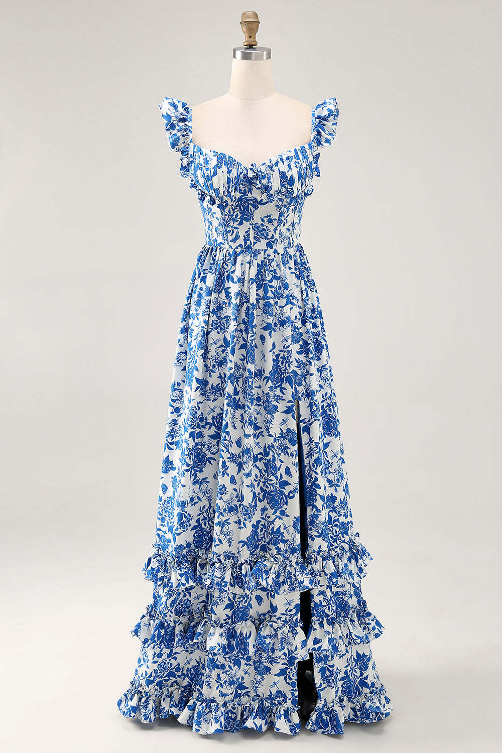 Blue Floral Corset Chiffon A Line Ruffled Maxi Wedding Guest Dress with Slit