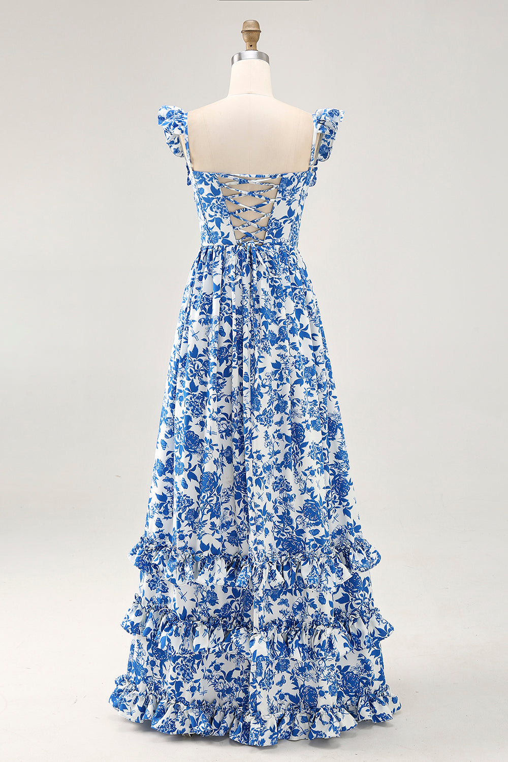 Blue Floral Corset Chiffon A Line Ruffled Maxi Wedding Guest Dress with Slit