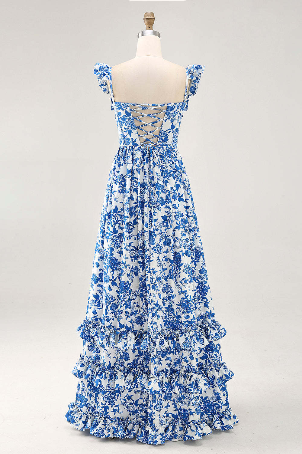 Blue Floral Corset Chiffon A Line Ruffled Maxi Wedding Guest Dress with Slit