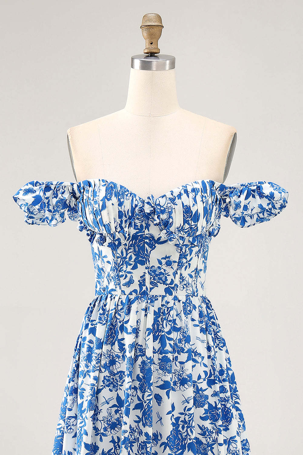 Blue Floral Corset Chiffon A Line Ruffled Maxi Wedding Guest Dress with Slit