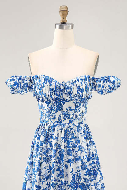 Blue Floral Corset Chiffon A Line Ruffled Maxi Wedding Guest Dress with Slit