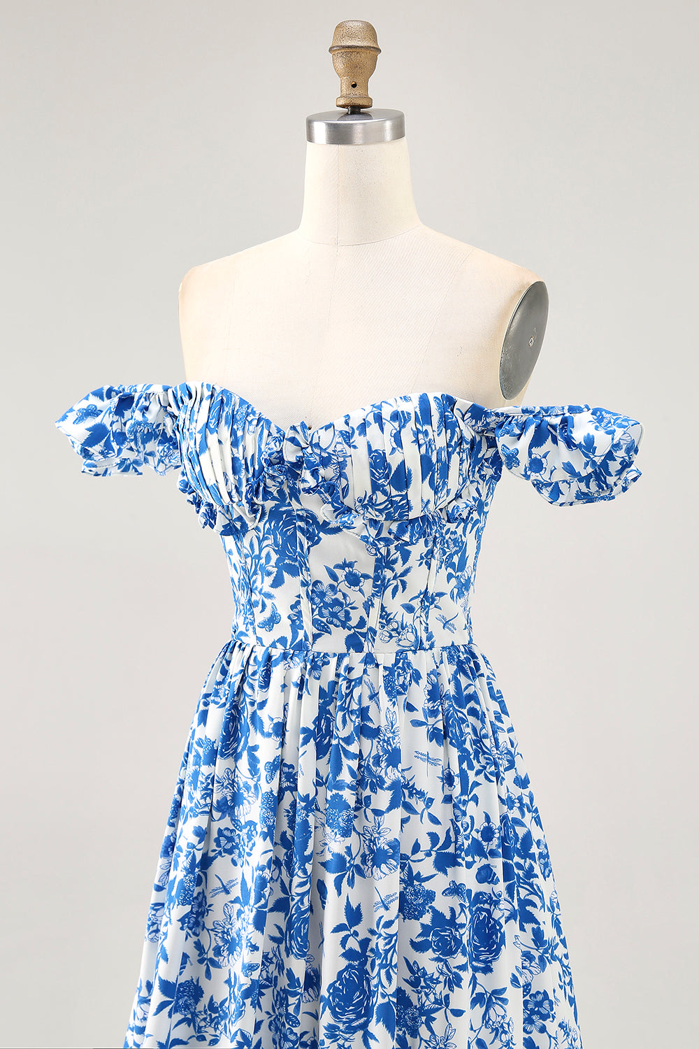 Blue Floral Corset Chiffon A Line Ruffled Maxi Wedding Guest Dress with Slit