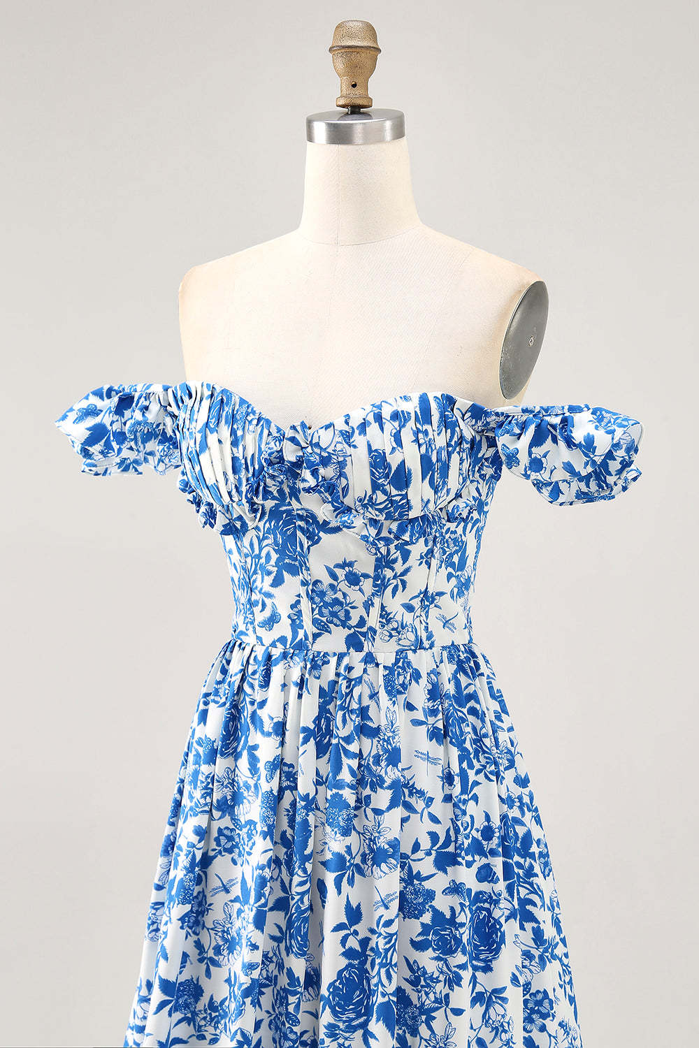 Blue Floral Corset Chiffon A Line Ruffled Maxi Wedding Guest Dress with Slit
